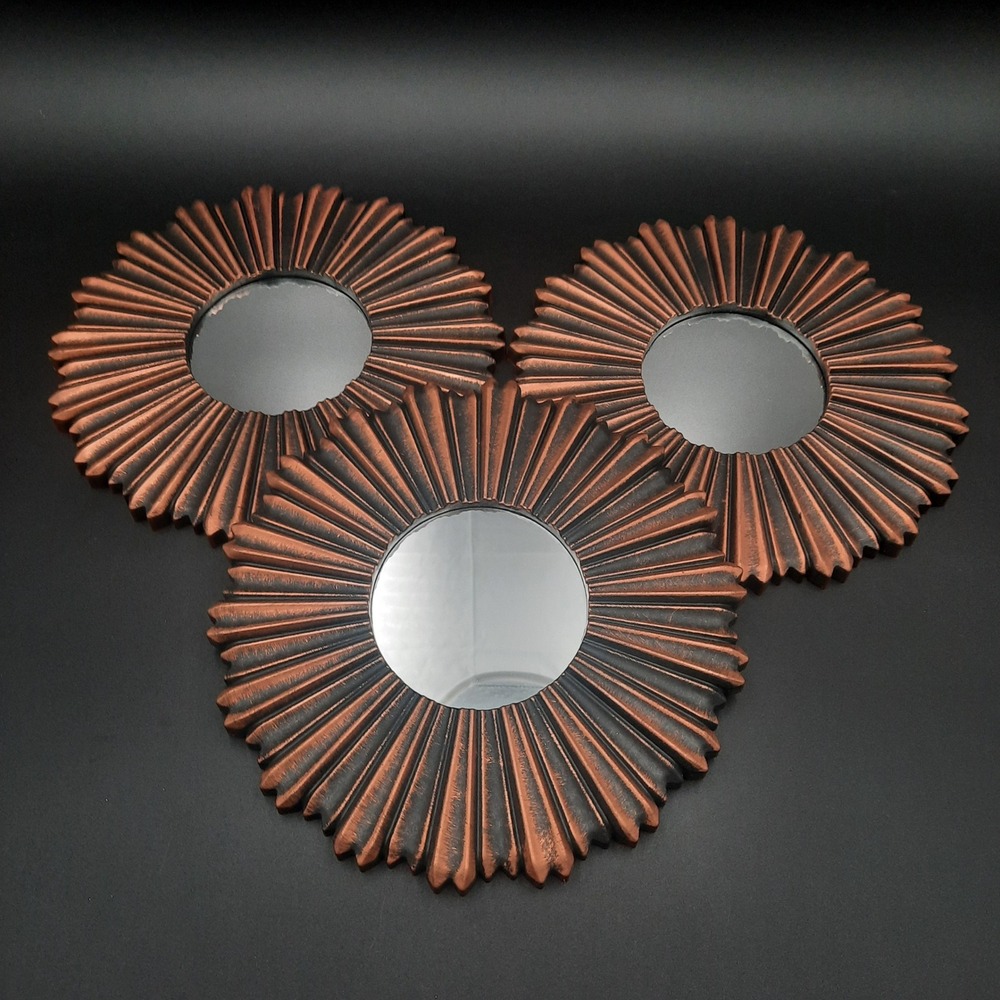Set of 3 Sunburst Mirrors Copper Bronze Starburst Wall Decor